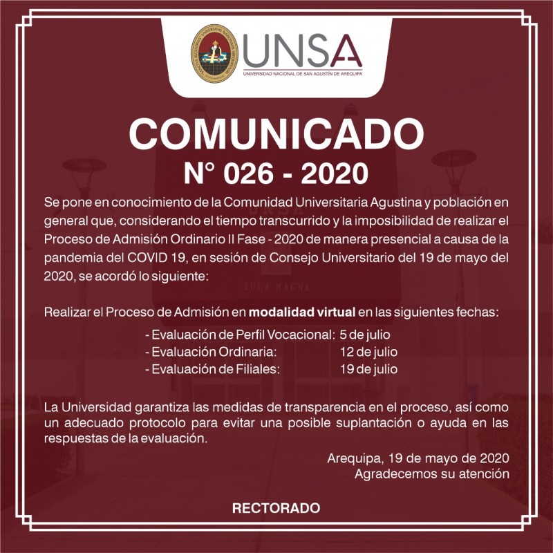 Comunicado Examen Ordinario II fase UNSA 2020 Sera Virtual